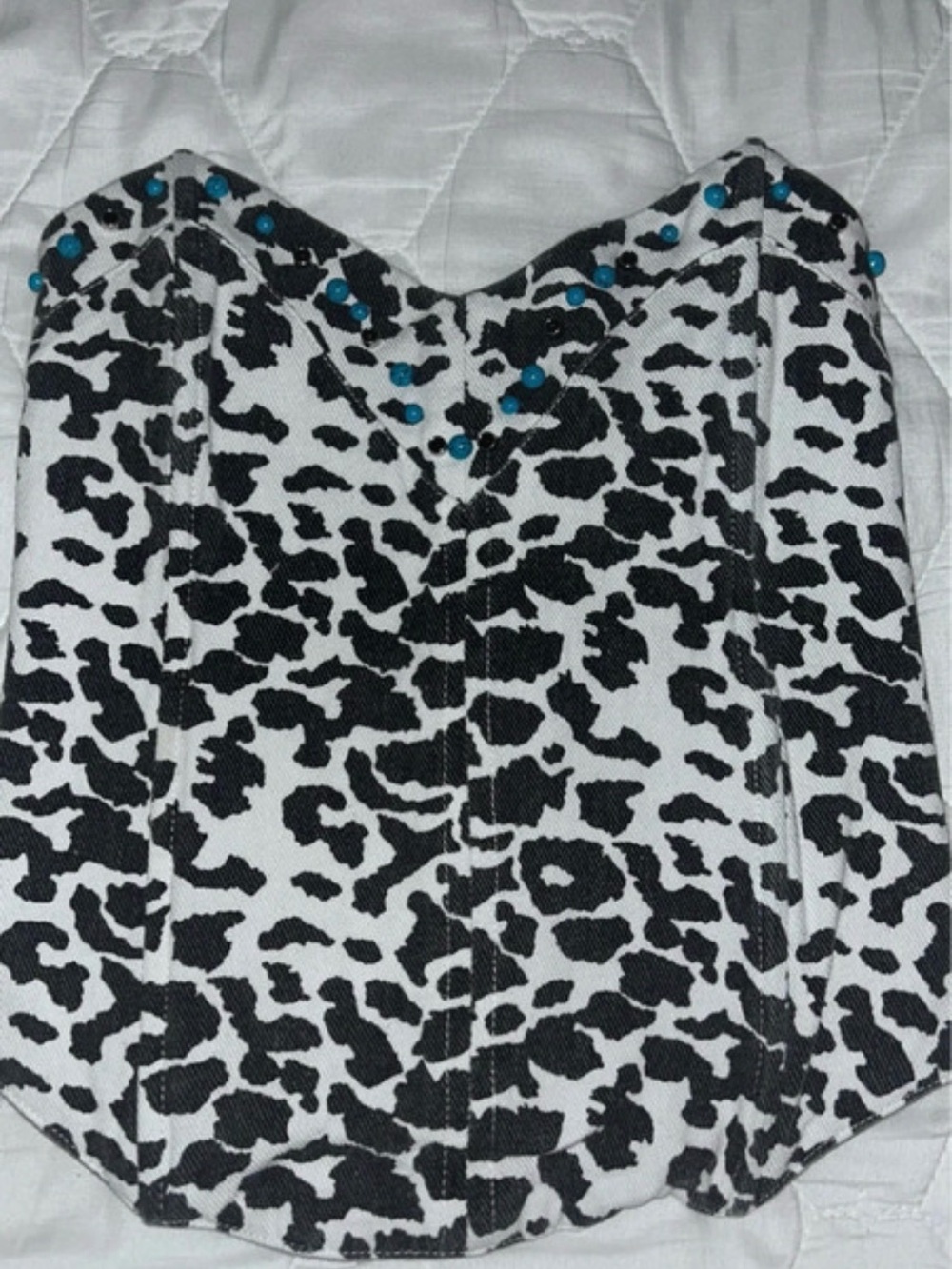Black & White Animal-Print Bustier Camisole with Turquoise Bead Accents